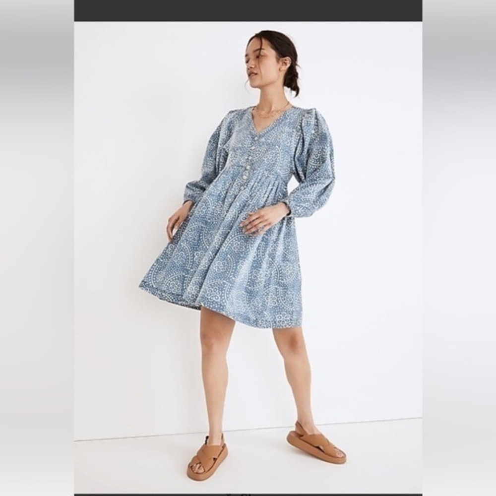 Madewell Bubble-Sleeve Button Front Mini Dress Indigo Paisley